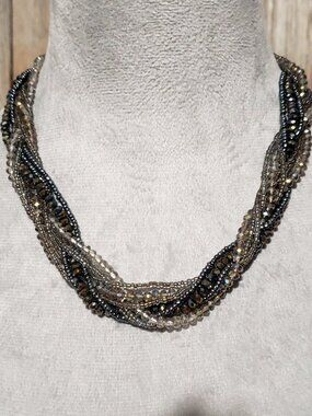 Layered Multi Strand Twisted Necklace Beaded Gray Black Neutral Tone Magnetic